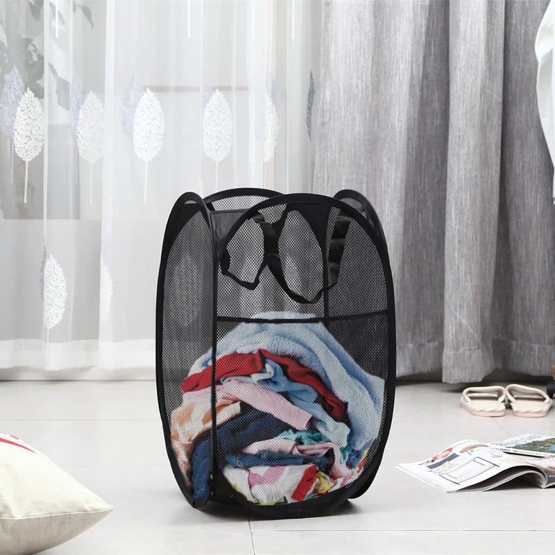 Buenod 2 Packs Mesh Pop up Laundry Hamper (Black/Navy Blue) with Portable Durable Handles, Collapsible for Storage, Folding Pop-Up Clothes Hampers for Apartment, Home, College Dorm or Travel - Image 3